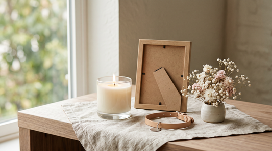 A quiet memorial arrangement by a window with a candle, flowers, and a collar tag