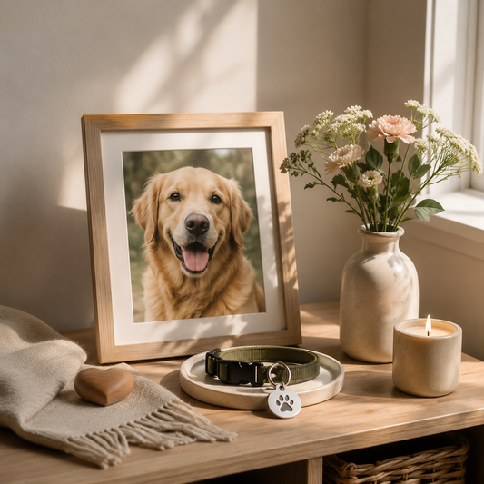A simple pet remembrance corner with a framed photo, collar tag, and flowers in soft natural light.