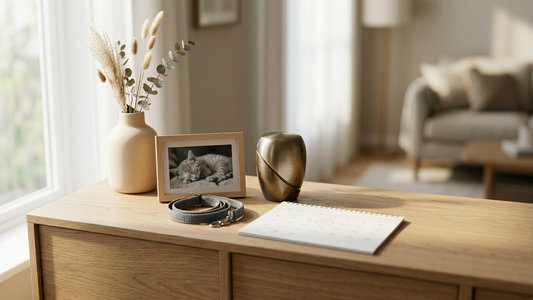 A quiet high-end still life: framed pet photo, collar, calendar, and a minimalist memorial keepsake in warm morning light.