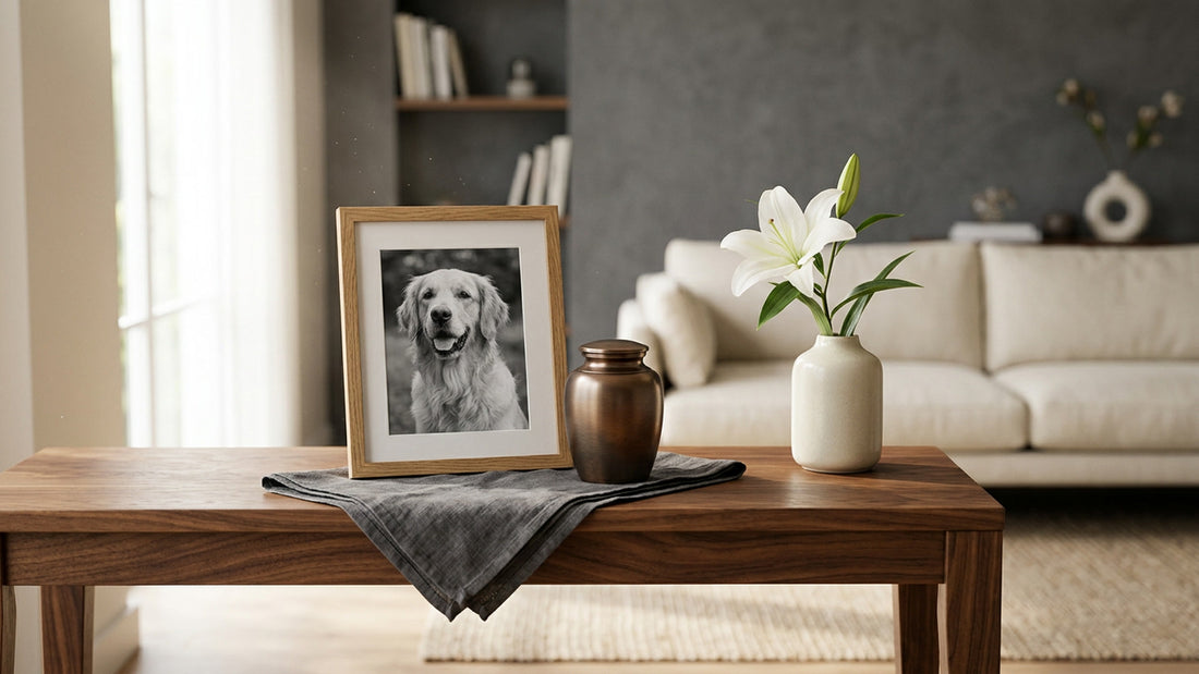 A quiet pet remembrance corner in a modern home, with framed photo and an elegant keepsake urn.