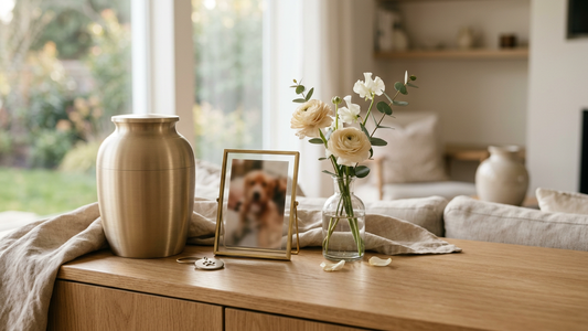 Warm, modern still life of a pet memorial space at home (no text)