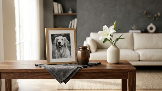 A quiet home memorial arrangement with a framed dog photo, a refined urn, and flowers in soft natural light