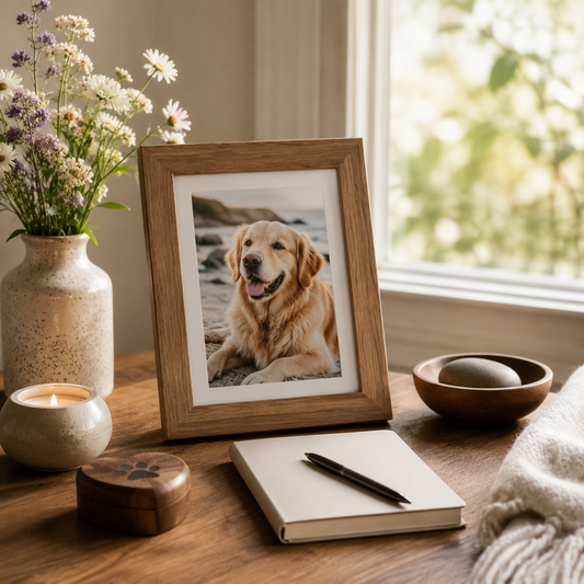 A quiet pet remembrance setting with a framed pet photo, flowers, and a notebook in soft natural light.