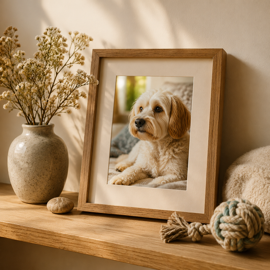 A framed pet memorial photo displayed on a simple shelf with a small vase and favorite toy