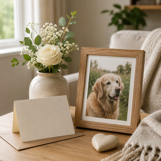 A handwritten pet sympathy card beside a framed pet photo and simple flowers on a calm tabletop.