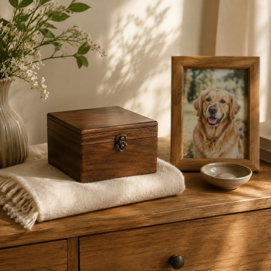 A simple temporary place for pet ashes with a framed pet photo on a dresser in warm light.