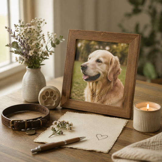 A simple pet memorial with a framed photo, collar, and handwritten remembrance note in soft natural light.